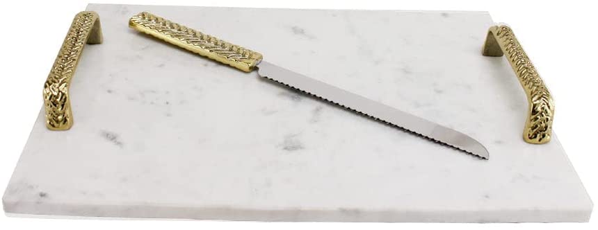 (D) Judaica Marbel Challah Board with Braided Gold Handels and Cutter White