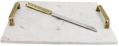 (D) Judaica Marbel Challah Board with Braided Gold Handels and Cutter White