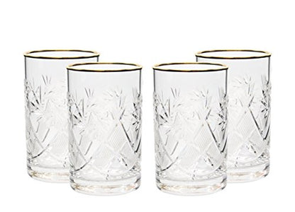Set of 4 Crystal Glasses for Coffee or Tea with Vintage Cut Design with Gold Rim 8 oz