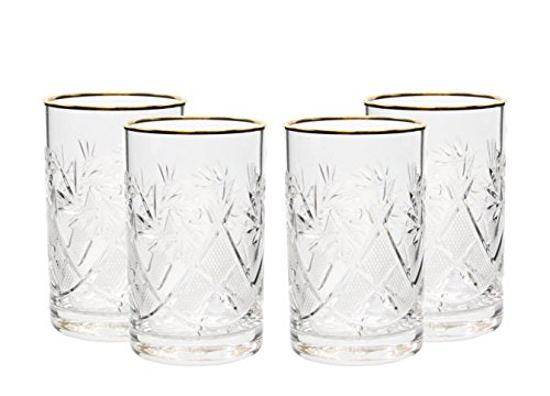 Set of 4 Crystal Glasses for Coffee or Tea with Vintage Cut Design with Gold Rim 8 oz