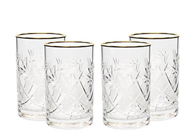 Set of 4 Crystal Glasses for Coffee or Tea with Vintage Cut Design with Gold Rim 8 oz
