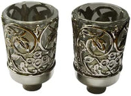 (D) Judaica Candlestick Silver Plated with Floral Design Candle Holders Set 2pc