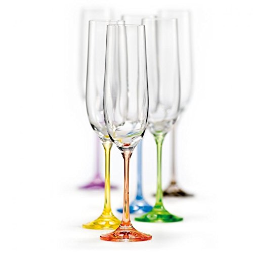 Bohemian Crystal Rainbow Set of 6 Champagne Flutes Crystal Glasses 6.5 Oz Each Stem Different Color Czech Republic - LEAD FREE by Crystalex