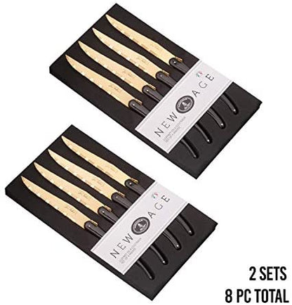(D) Laguiole French Hand Made New Age 4 PC Steak Knife Set 2 PACK (Gold)