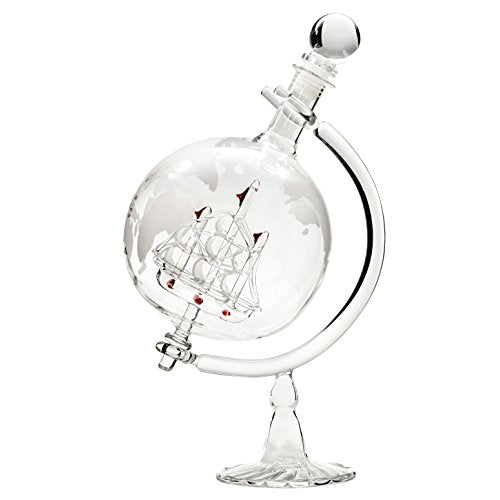 Large Decanter Set – Whiskey Decanter with Wooden Stand, 2 Etched Globe Whiskey Glasses, and Funnel – Elegant Liquor Dispenser for Spirits