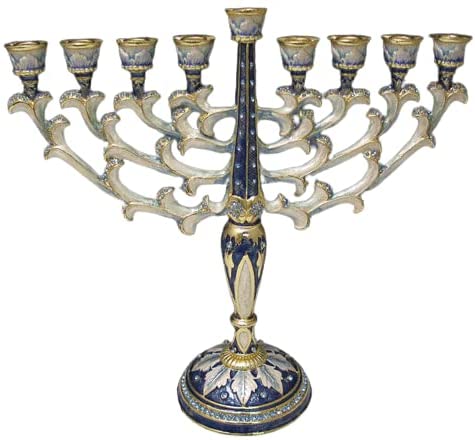 (D) Juadaica Jeweled Blue Gold Menorah Chanukah Holiday Decor