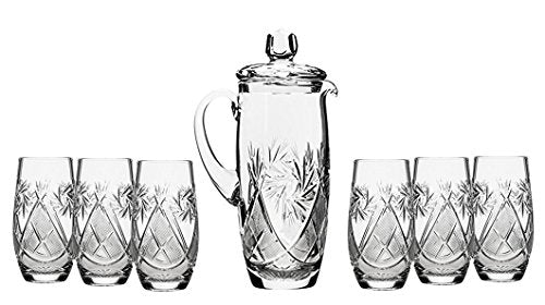 Set of 7 35-Oz Hand Made Vintage Cut Crystal Beverage Carafe with 6 Tumblers