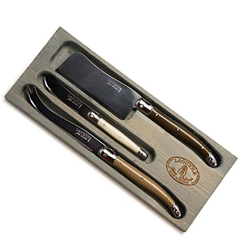 (D) Laguiole Hand Made French Cheese Linen Colored Set in Gray Box 3-pc Vintage