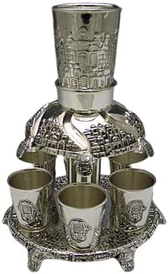 (D) Judaica Silver Plated Wine Fountain with Jerusalem Decor Kiddush Ritual Item
