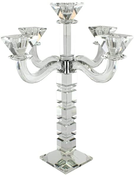 (D) Judaica Crystal Candelabra Square Design 5 Arm Candle Holder