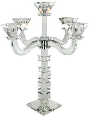 (D) Judaica Crystal Candelabra Square Design 5 Arm Candle Holder (Clear)