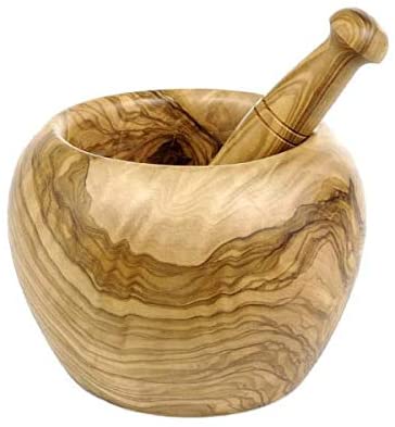 (D) Mortar and Pestle Set Olive Wood Laguiole Hand Made French Vintage (2 PC)