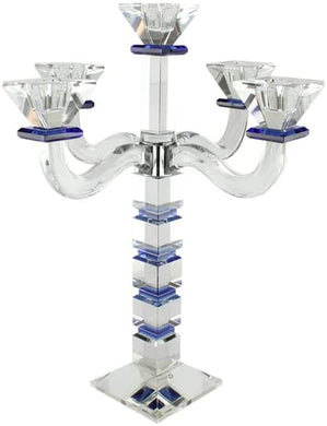 (D) Judaica Crystal Candelabra Square Design 5 Arm Candle Holder (Blue)
