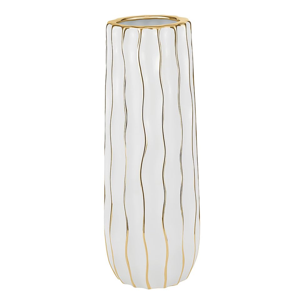 (D) Tall White Footed Vase Decorative Centerpiece, with Gold Wavy Design