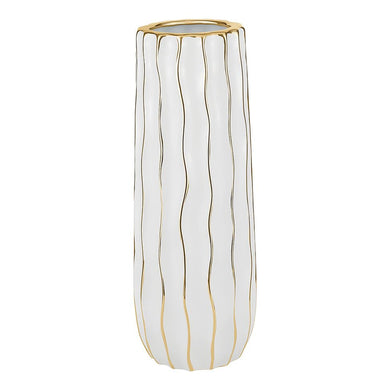 (D) Tall White Footed Vase Decorative Centerpiece, with Gold Wavy Design (Large 6