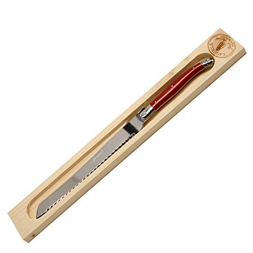 (D) Laguiole French Hand Made Bread Knife in Wood Box, Vintage (Red)