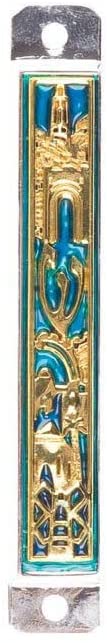 (D) Judaica Enamel Jerusalem Israel Mezuza for Door Blue Gold 2.75