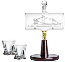 'Magellan' Decanter 40 Oz with Ship inside, Wooden Stand, Bar Funnel, 2 Glasses