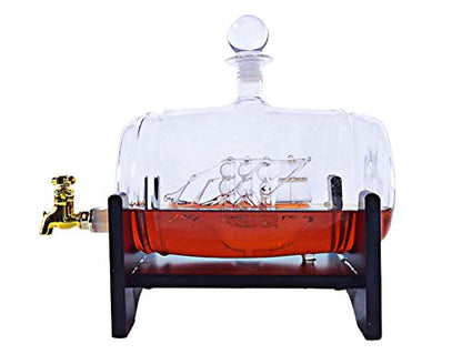 40oz 'Barrel' Liquor Decanter Ship, Wooden Stand, Bar Funnel, 2 Diamond GLasses