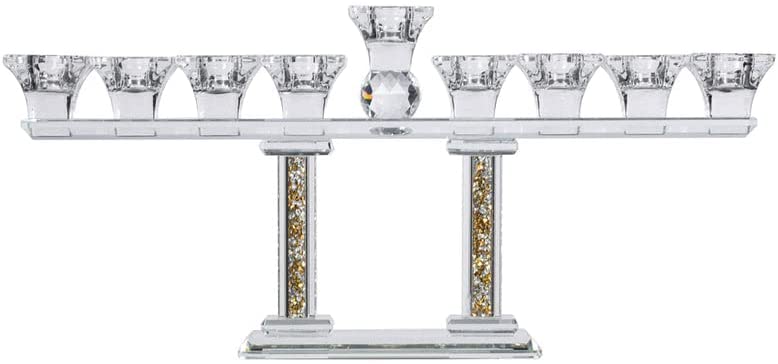(D) Judaica Crystal Menorah on 2 Pillars with Gold Silver Stones, Candle Holder