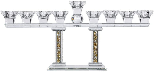 (D) Judaica Crystal Menorah on 2 Pillars with Gold Silver Stones, Candle Holder