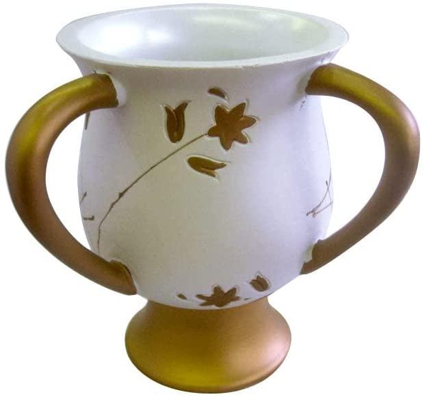 (D) Judaica Polyresin Gold Design Wash Cup on Led with 2 Handles (White Gold)