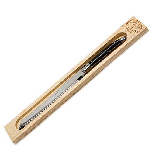 (D) Laguiole French Hand Made Bread Knife in Wood Box, Vintage (Black)