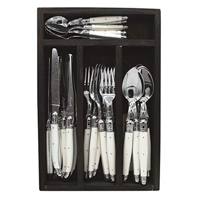 (D) Laguiole Flatware Set with White Handles in Black Tray Tray 24-pc