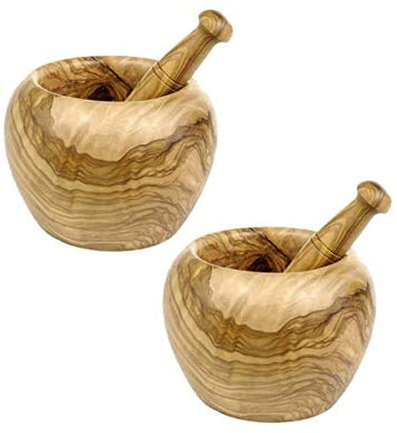 (D) Mortar and Pestle Set Olive Wood Laguiole Hand Made French Vintage (2 PC)