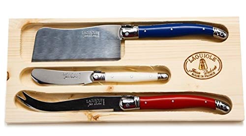 (D) Laguiole Hand Made French Cheese Set in Paris Colors in Tray 3-pc, Vintage