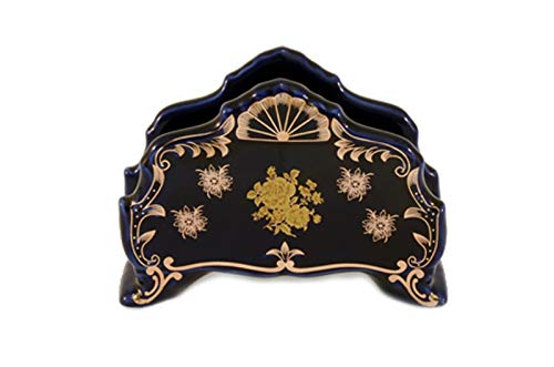 Royalty Porcelain Cobalt Blue Napkin Holder Decorated with Tiny Gold Flowers (Fan)