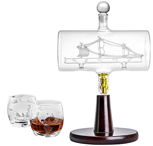 'Magellan' Decanter 40 Oz with Ship inside, Wooden Stand, Bar Funnel, 2 Glasses