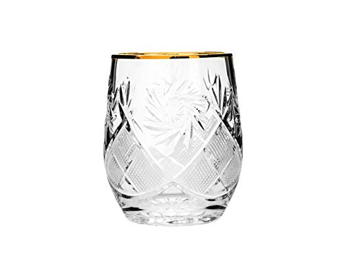 Set of 6 Vintage Cut Stemless Crystal Beverage Glasses, Hand Made Glassware With Gold Rim 7 oz