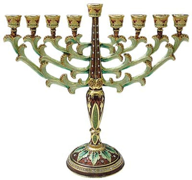 (D) Judaica Jeweled Menorah Green Floral Decor Chanukah Decor 11.5 Inch