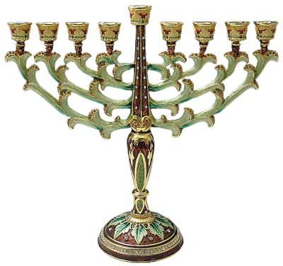 (D) Judaica Jeweled Menorah Green Floral Decor Chanukah Decor 11.5 Inch
