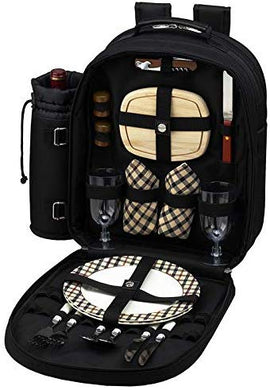 (D) 2 Person Picnic Backpack Bag, Full Equipment Set for Outdoor (Black London)