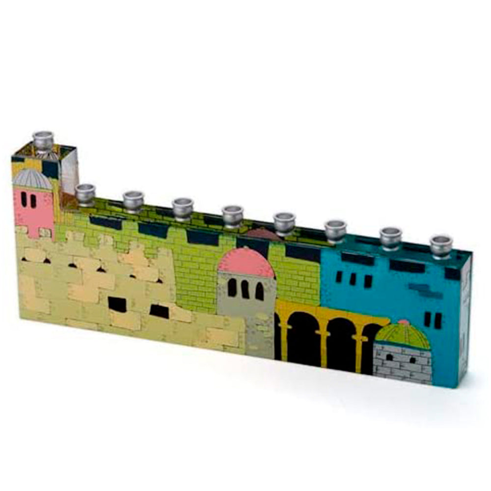 (D) Judaica Menorah Jerusalem City Green and Blue Chanukah Holiday Decor
