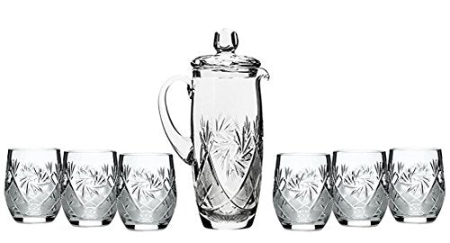 Set of 7 35-Oz Hand Made Vintage Cut Crystal Beverage Carafe with 6 Tumblers