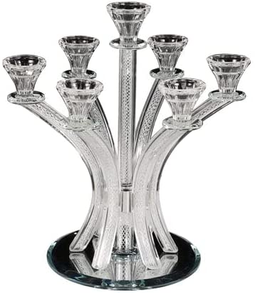 (D) Judaica Crystal Candelabra with Inner Net Design 7 Arms (Silver)