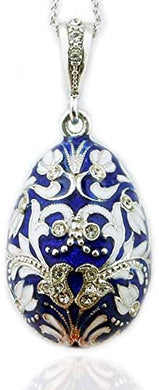 (D) Religious Gifts Enamel Faberge Style Silver Egg Pendant with Swarovski (Blue)