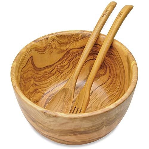 Berard hand-made French olive wood salad bowl with natural grain detail, 9.5 inch diameter