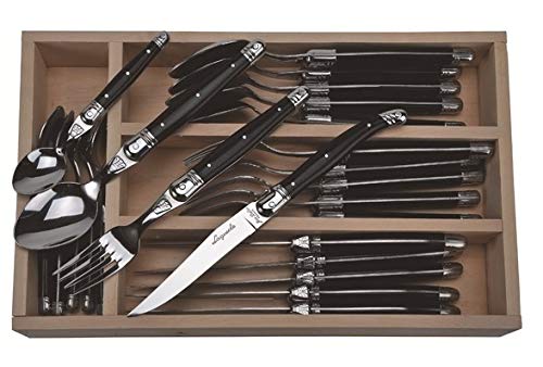 (D) Laguiole Flatware, Everyday Flatware Set in a Tray 24-pc (Black Handles)