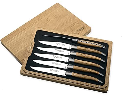 (D) Vintage Handcrafted 6-Piece Steak Cutlery Set (Beige Olivewood Handles)