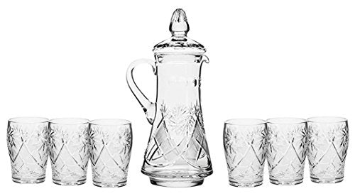Set of 7 50-Oz Hand Made Vintage Cut Crystal Beverage Carafe with 6 Tumblers