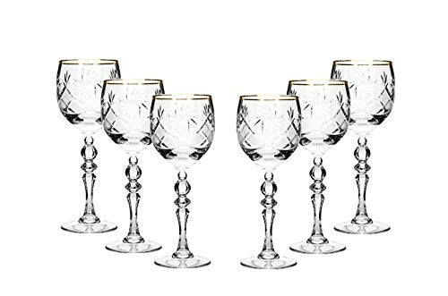 Set of 6 Vintage Design Crystal Wine Goblets, Gold Rim, Old-Fashioned Glassware 8 oz