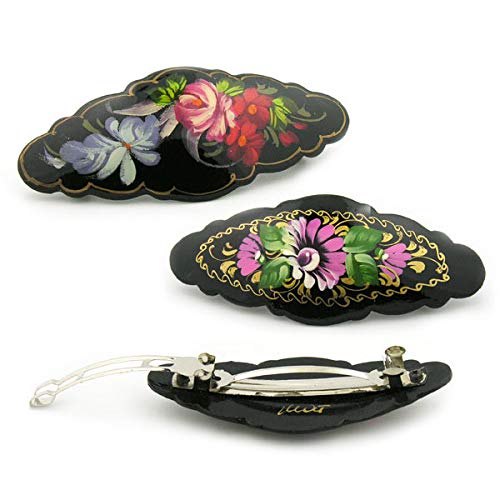 (D) Russian Souvenirs Black Barrette Hair Clip Russian Hand Painted with Flowers