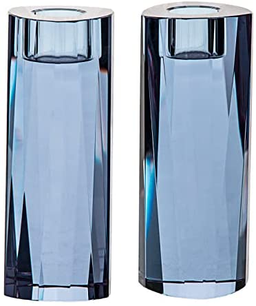 (D) Judaica Candlestick Triangle Crystal Blue Candle Holders Jewish Set 2pc