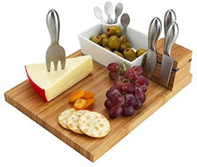 (D) Bamboo Cheese Board Wooden Board with Stainless Steel Serving Tools and Dish