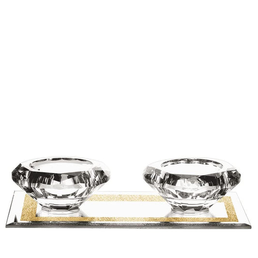 (D) Judaica Crystal Tealights Holder with Tray Mirrored Tray