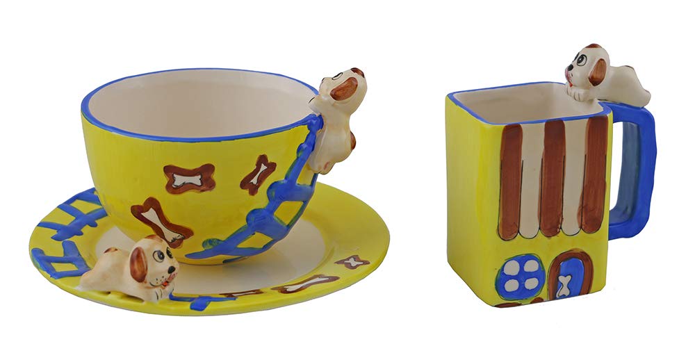 (D) Royalty Porcelain Kids Tea Mugs and Plate Set with Dog 3pc, Perfect for Milk